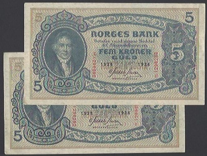 Hovedbilde 5 Kr 1936 O - Kv EF i rekke (O.1296285/6)