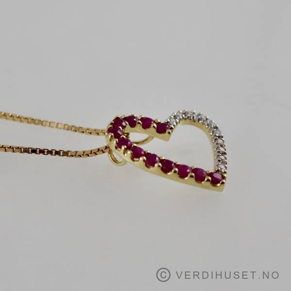 Hovedbilde Anheng/Hjerte i 14 K gull med røde og blanke ...