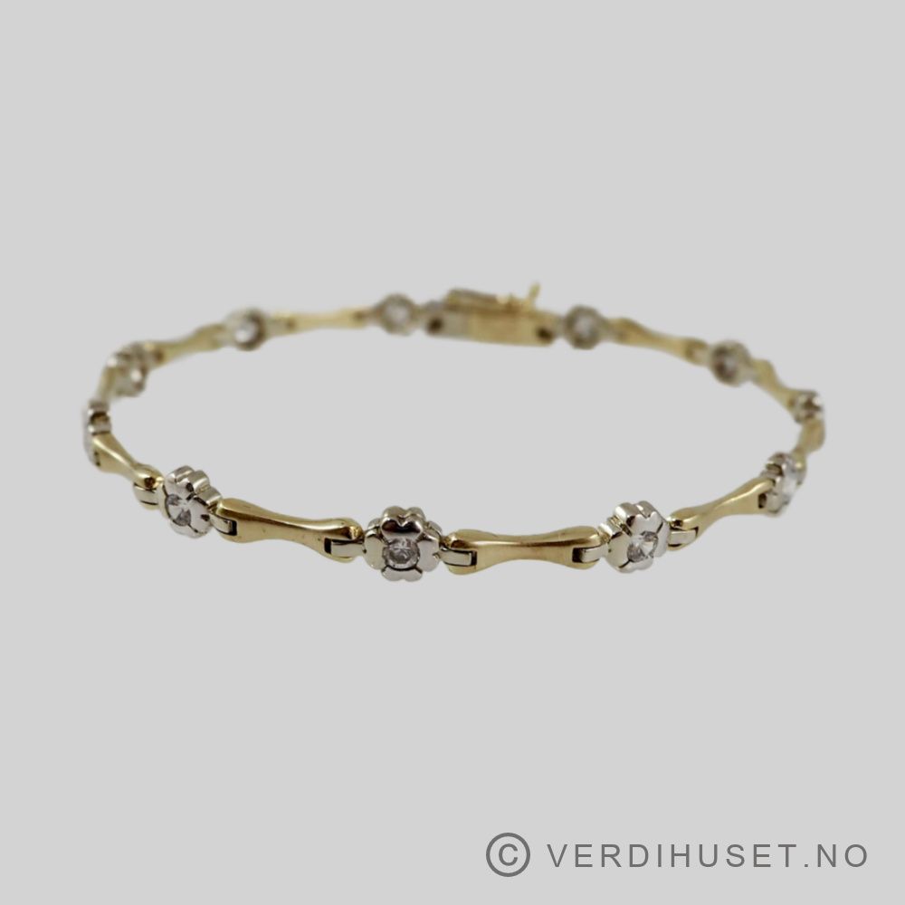 Armbånd i 14 K hvitt og gult gull med blanke stener